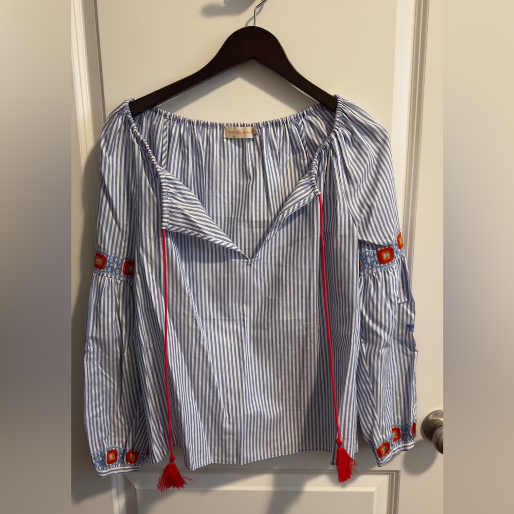 Tory Burch Long Sleeve Pinstripe Embroidered Cotton Top size 2